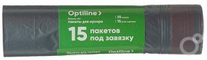 Пакеты для мусора 35л, 15шт Optiline, с завязками, ПВД толстые черные 25мкм/ 25