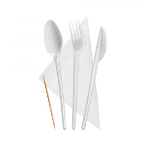 Набор одноразовых приборов №5 (вилка, ложка, нож, зубочистка, салфетка), 300 упаковок в коробке